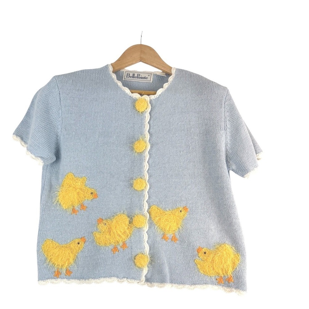 BellePointe Easter Sweater Blue w/Yellow Chicks Pom Pom Button Spring Knit‎